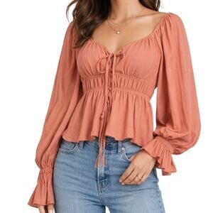 4SI3NNA Anthropologie Crepe Tie Front Blouse Milkmaid Apricot SZ M Coquette